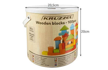 Drevené kocky v vedre s triedičom tvarov – 100 ks