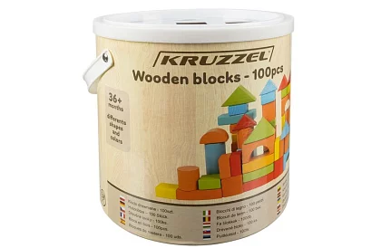 Drevené kocky v vedre s triedičom tvarov – 100 ks