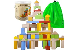 Drevené kocky v vedre s triedičom tvarov – 100 ks