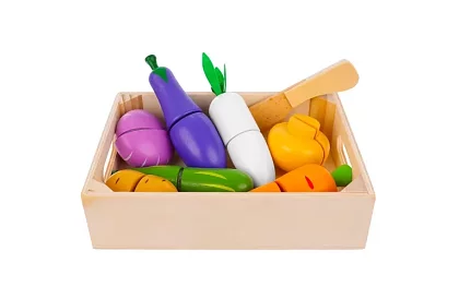 Drevené ovocie a zelenina na krájanie - v debničke