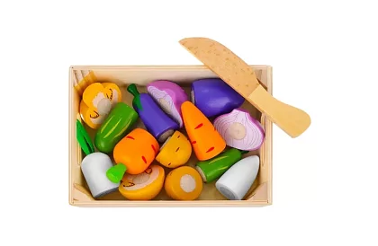 Drevené ovocie a zelenina na krájanie - v debničke